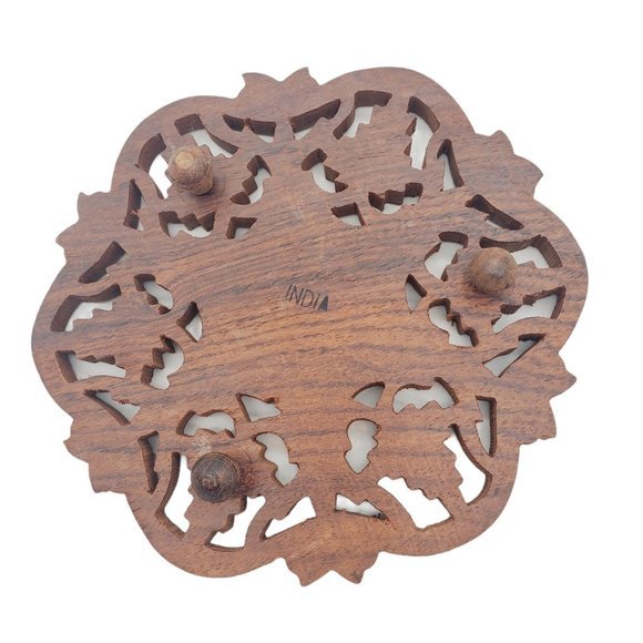 Vintage Carved Wooden Trivet 70s Plant Stand Floral Inlay India Handmade Leaves - Picture 5 of 7